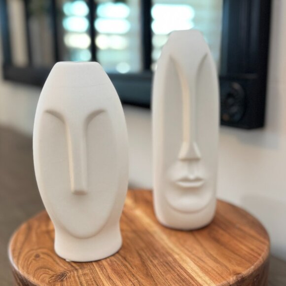 Modern White Ceramic Face Vase Set — Kaolinite • Set of 2 • Minimalist Sculpture - Picture 2 of 11